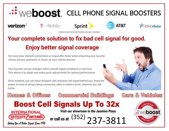 An advertisement for cell phone signal boosters with a man holding a cell phone