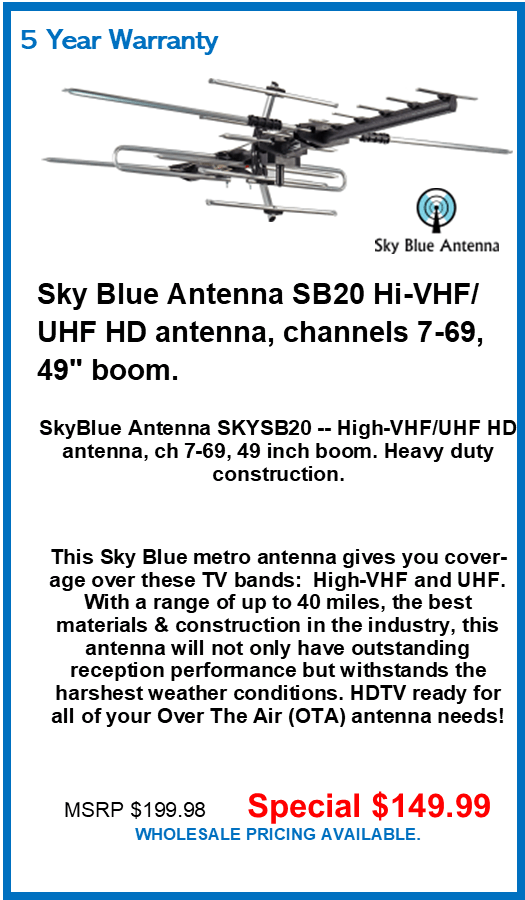 An advertisement for a sky blue antenna with a 5 year warranty