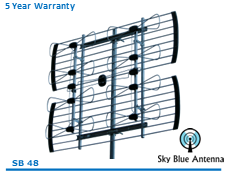 A picture of a sky blue antenna with a 5 year warranty