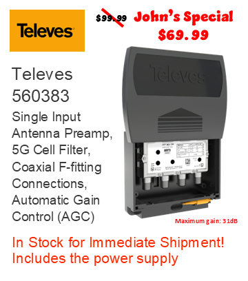 Televés 560383 antenna preamp package, black and gray, with red sale price text and product specs