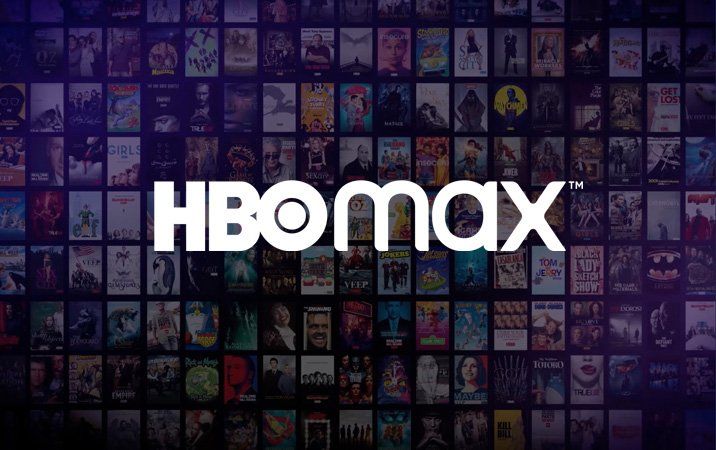 The hbo max logo is on a purple background with a bunch of movies on it.
