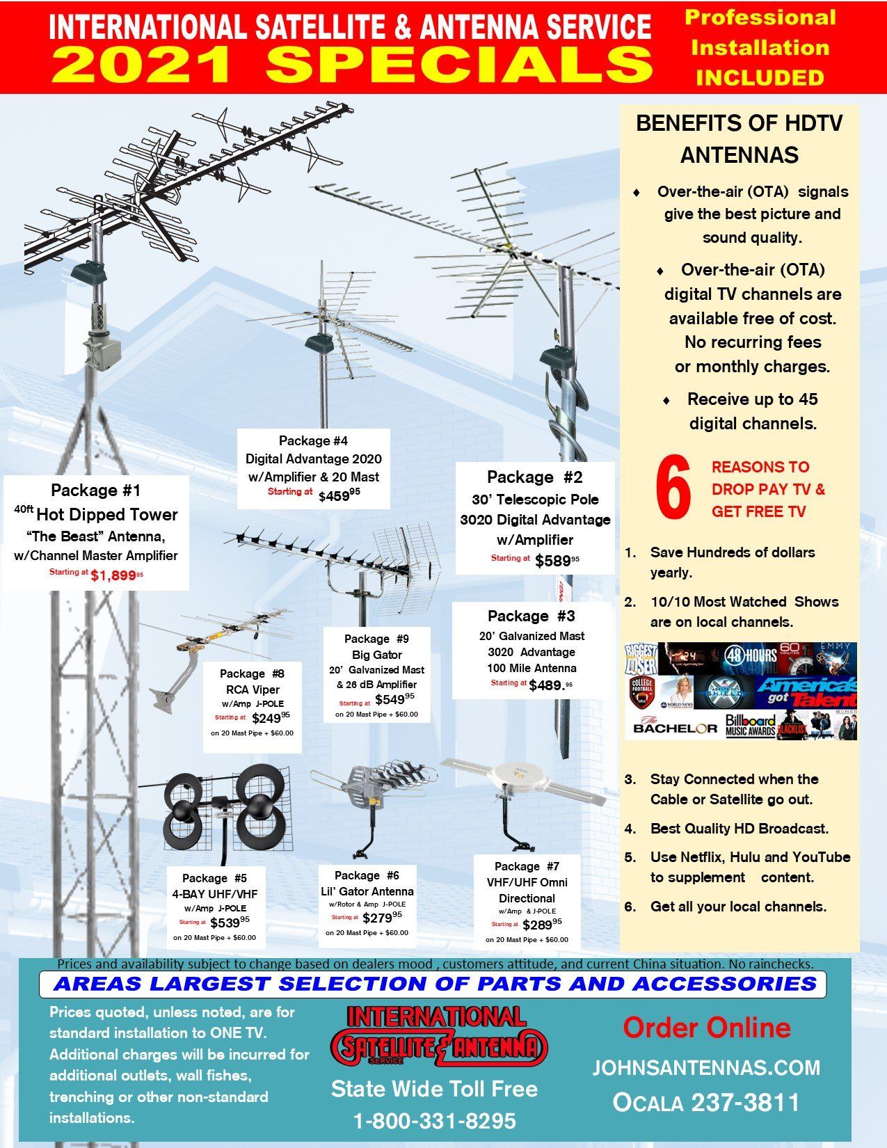 A flyer for international satellite and antenna service 2021 specials.