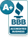 A bbb accredited business is a blue and white logo on a white background.