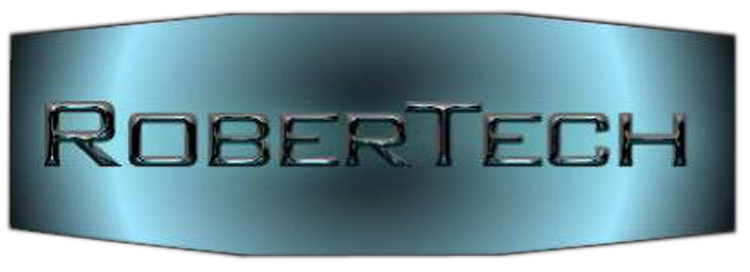 Logotipo de Robotech sobre un fondo degradado azul con texto negro metalizado.