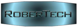 Logotipo de Robotech sobre un fondo degradado azul con texto negro metalizado.