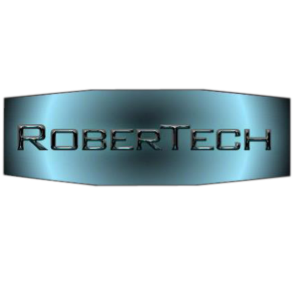 Logotipo ROBERTECH azul metalizado sobre una pancarta rectangular curva.
