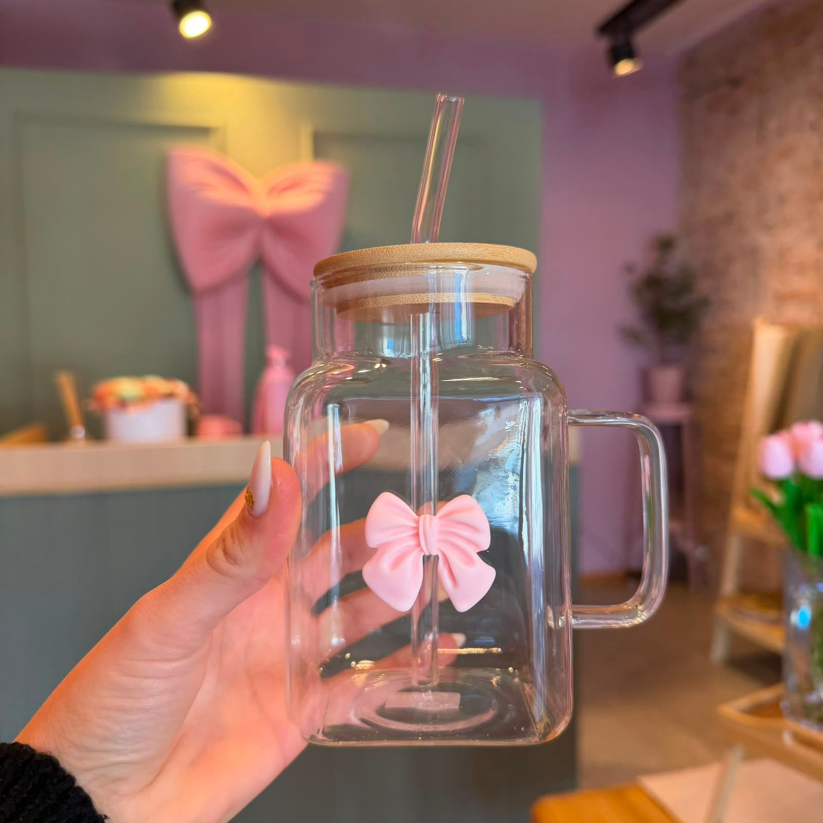 vaso y sorbete vidrio con asa