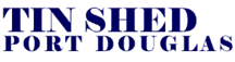 A blue and white logo for tin shed port douglas
