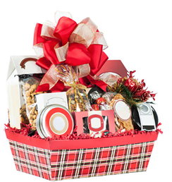 A gift basket with a red bow on top of it