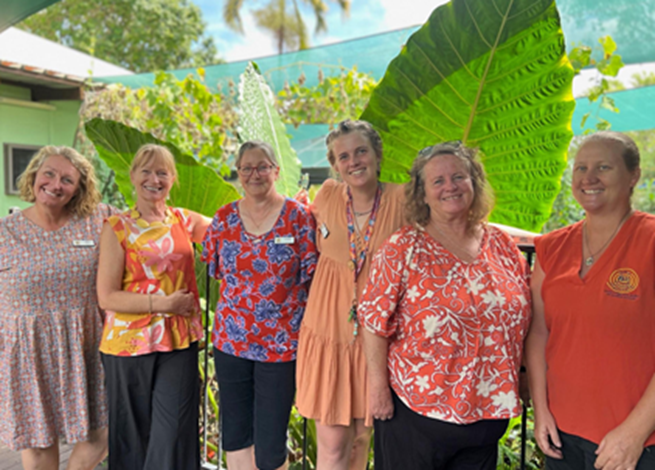 A group of women are posing for a picture in front of a large leaf.