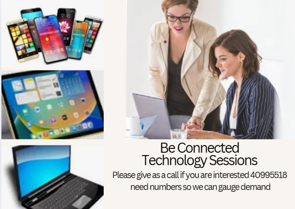 A poster for be connected technology sessions with two women looking at a laptop