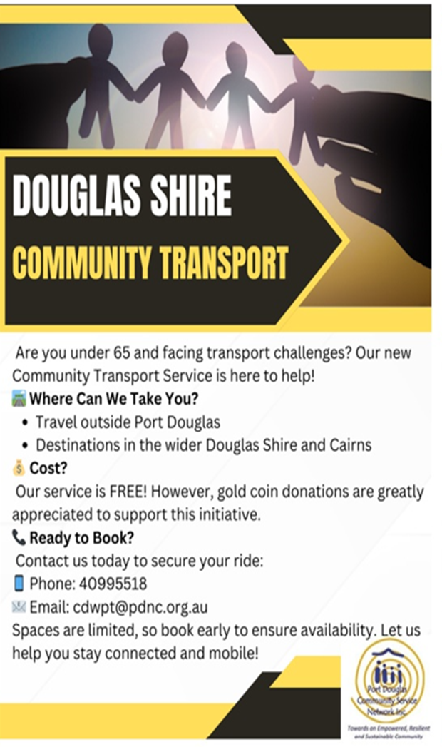 A poster for douglas shire community transport shows people holding hands.