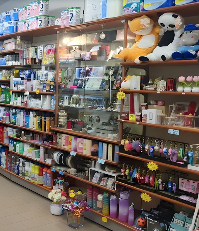 Uno scaffale affollato di un negozio, con giocattoli colorati, animali di peluche e articoli per la casa in bella vista.