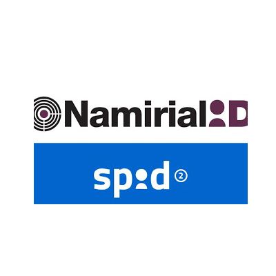 Logo Namirial sopra il logo Spid blu su sfondo bianco.