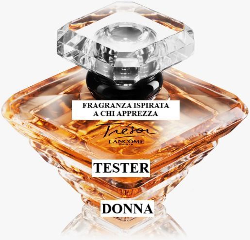 Amber perfume bottle labeled “Tester Donna” with text “Fragranza ispirata a Chi apprezza”