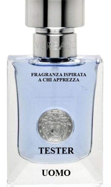 Blue perfume tester bottle labeled “FRAGRANZA ISPIRATA A CHI APREZZA,” “TESTER,” and “UOMO”