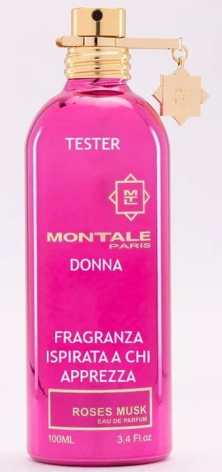 Flacone tester di profumo Montale Donna rosa con tappo e cartellino dorati su sfondo chiaro.