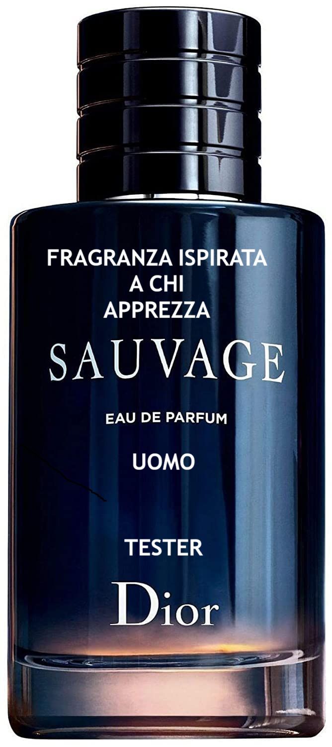 Flacone tester di Dior Sauvage Eau de Parfum con tappo nero ed etichetta sfumata blu scuro.