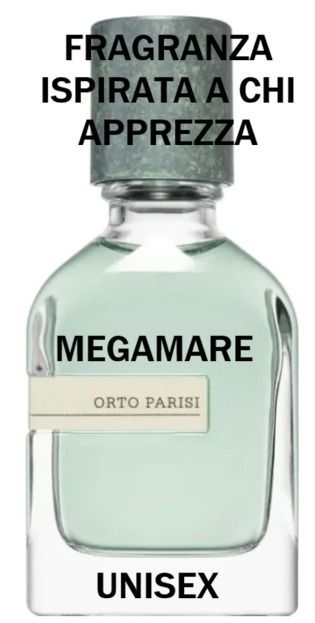 Perfume bottle labeled “MEGAMARE” with text “FRAGRANZA ISPIRATA A CHI APPREZZA” and “UNISEX”