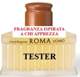 Flacone tester di profumo Roma Uomo con etichetta beige e tappo rosso, testo della fragranza in italiano sulla parte superiore.