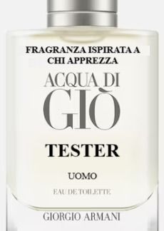 Flacone tester di profumo Acqua di Gio con etichetta bianca e tappo argentato, marchio Giorgio Armani.