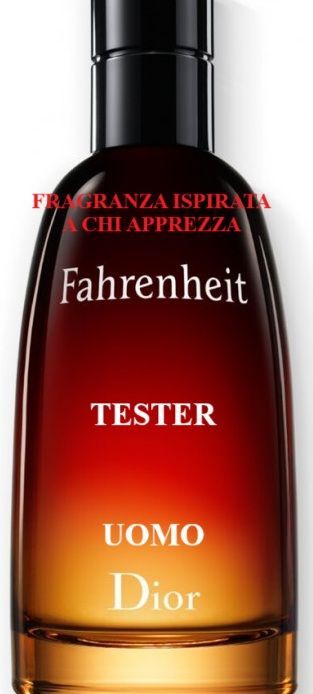 Flacone tester di profumo Dior Fahrenheit, con sfumatura dal rosso all'ambra, tappo nero ed etichetta bianca.