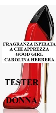 Red high-heel perfume bottle with Italian text: “Fragranza ispirata a chi apprezza a good girl Carolina Herrera.”
