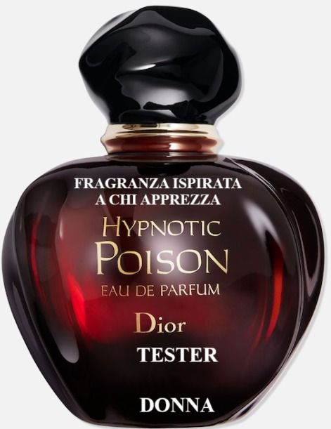 Flacone nero del profumo Dior Hypnotic Poison con liquido rosso e scritte dorate su sfondo bianco.