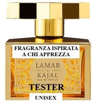 Flacone tester di profumo Lamar Kajal con tappo dorato ed etichetta “fragranza ispirata”, unisex