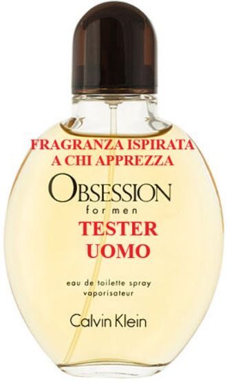 Flacone tester di profumo Calvin Klein Obsession for Men con tappo marrone scuro ed etichetta color crema.