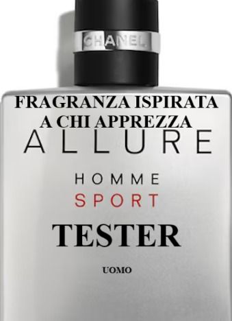 Tester di profumo Allure Homme Sport su flacone bianco con tappo nero e testo nero/rosso.