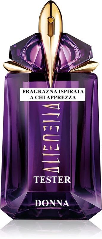 Flacone di profumo viola con etichetta “TESTER DONNA”, tappo dorato e dettagli sfaccettati.