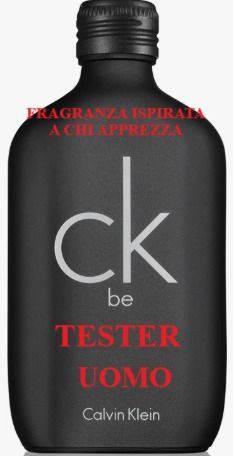 Flacone tester nero di Calvin Klein CK Be Uomo con scritta rossa sull'etichetta.