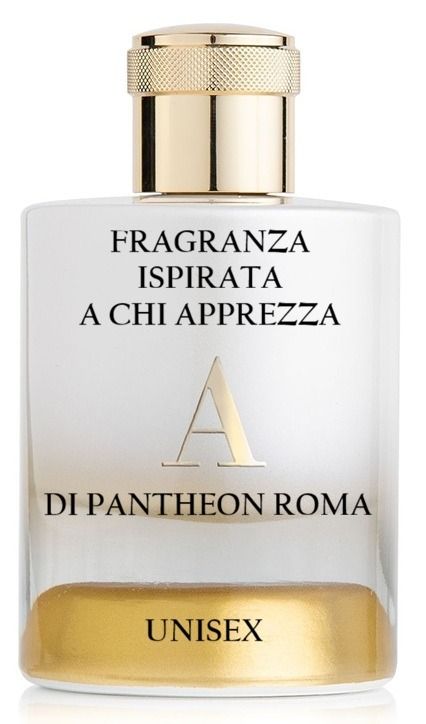 Perfume bottle with gold cap labeled “Fragranza Ispirata a chi apprezza” and “Unisex”