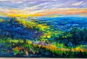 Colorful abstract landscape of hills and valley at sunrise in vivid blue, green, yellow, and pink hues