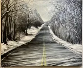 Snow-dusted road stretching through bare winter trees under a gray sky