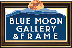 Blue Moon Gallery & Frame sign with blue mountains, moon, and gold-trimmed frame border