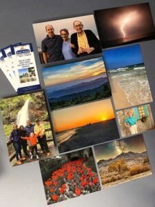 Collage of travel photos featuring landscapes, beaches, sunsets, flowers, and people posing outdoors