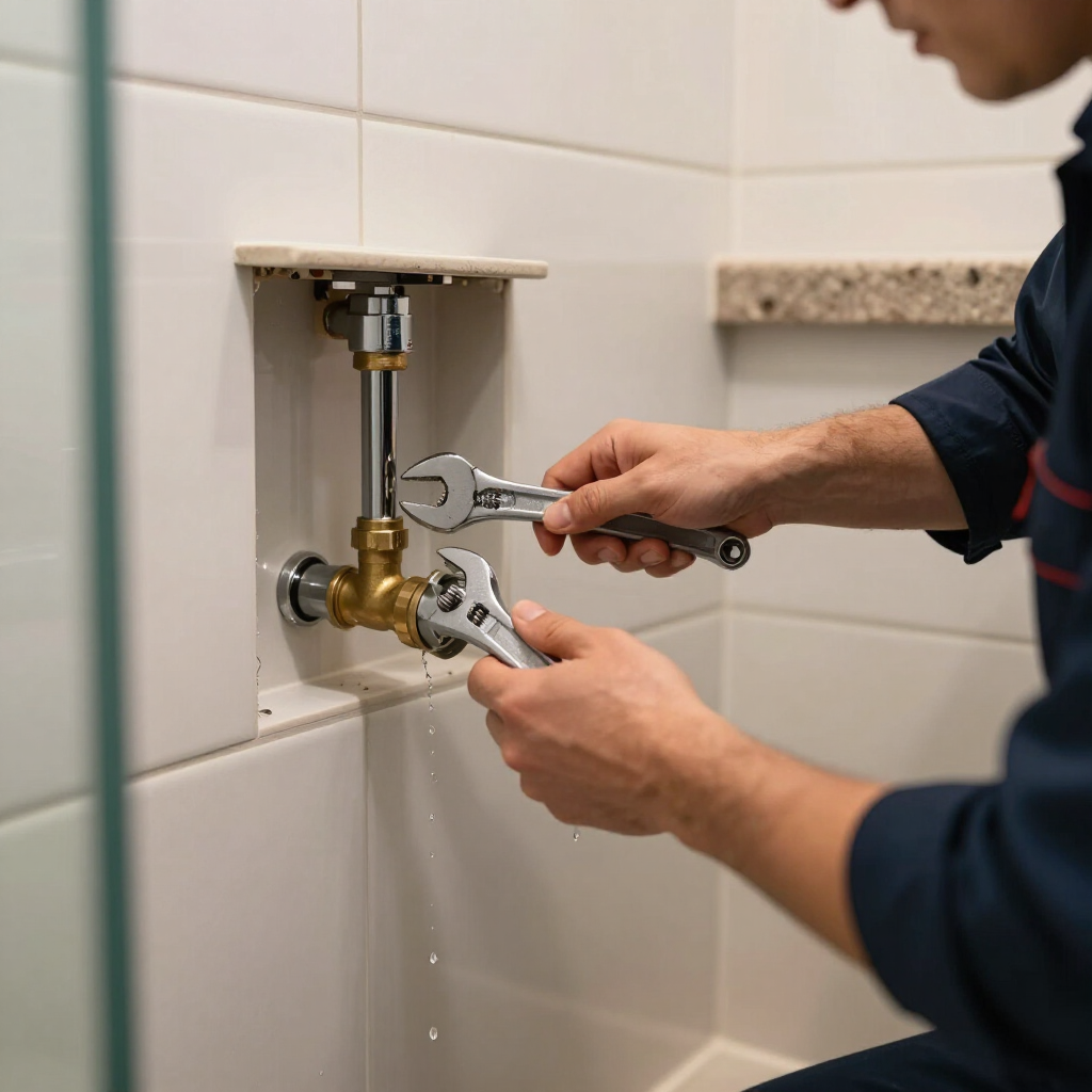 Plumber tightening bathroom sink pipes behind a tiled wall with adjustable wrenches