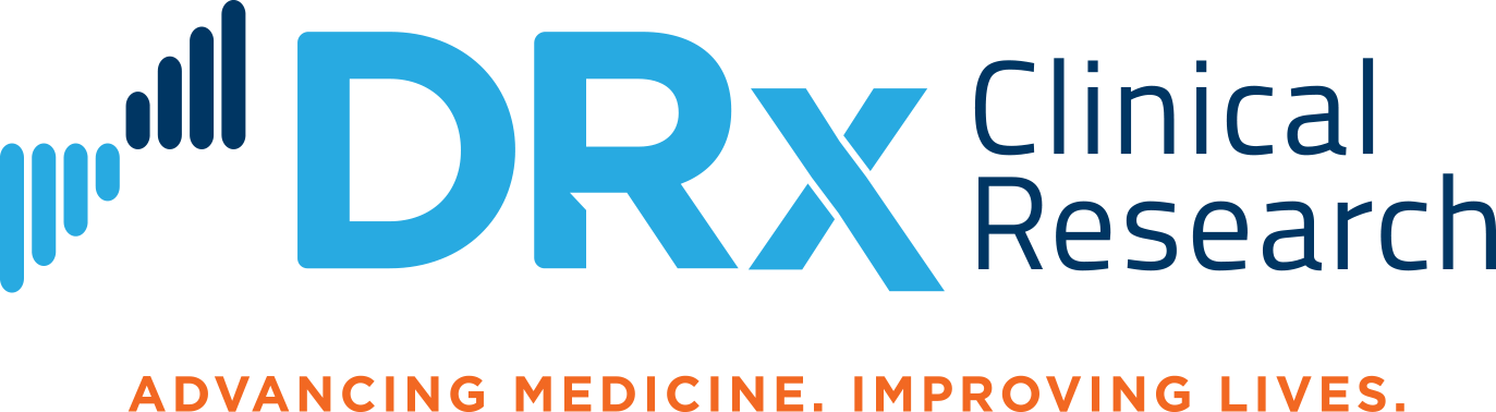 DRx Clinical Research logo with blue text and rising bar icon, tagline &ldquo;Advancing Medicine. Improving Lives.&rdquo;
