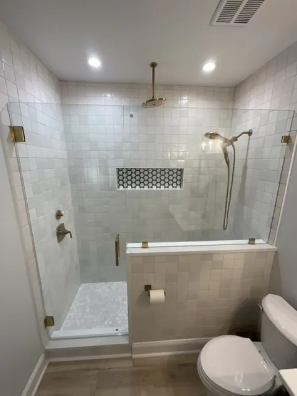 A bathroom with a walk in shower and a toilet.