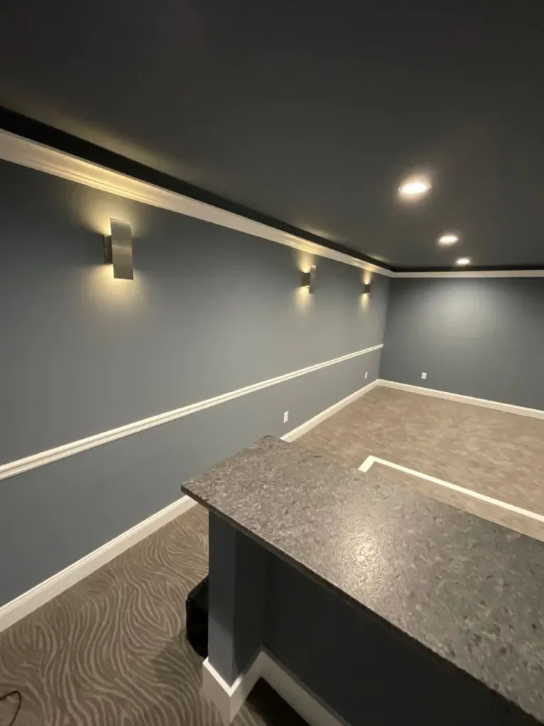 There is a counter in the middle of the room.