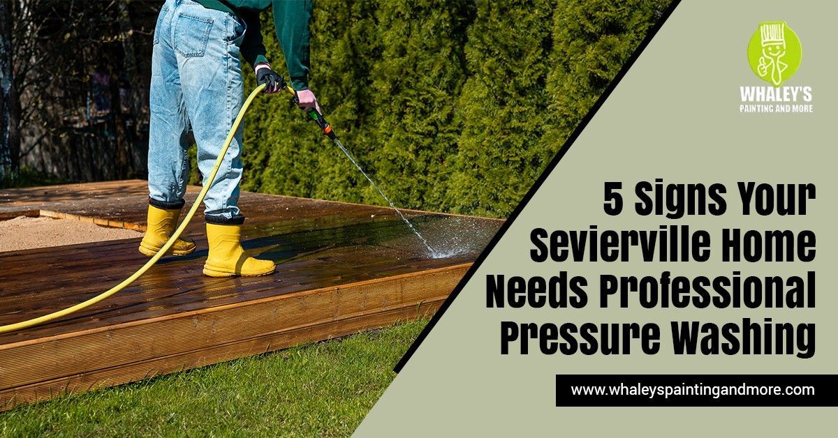 Professional pressure washing service cleaning a residential deck in Sevierville, TN.