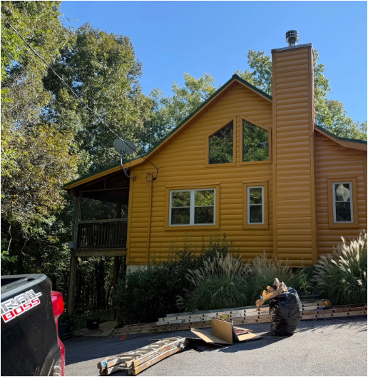 Exterior view of stained wooden cabin