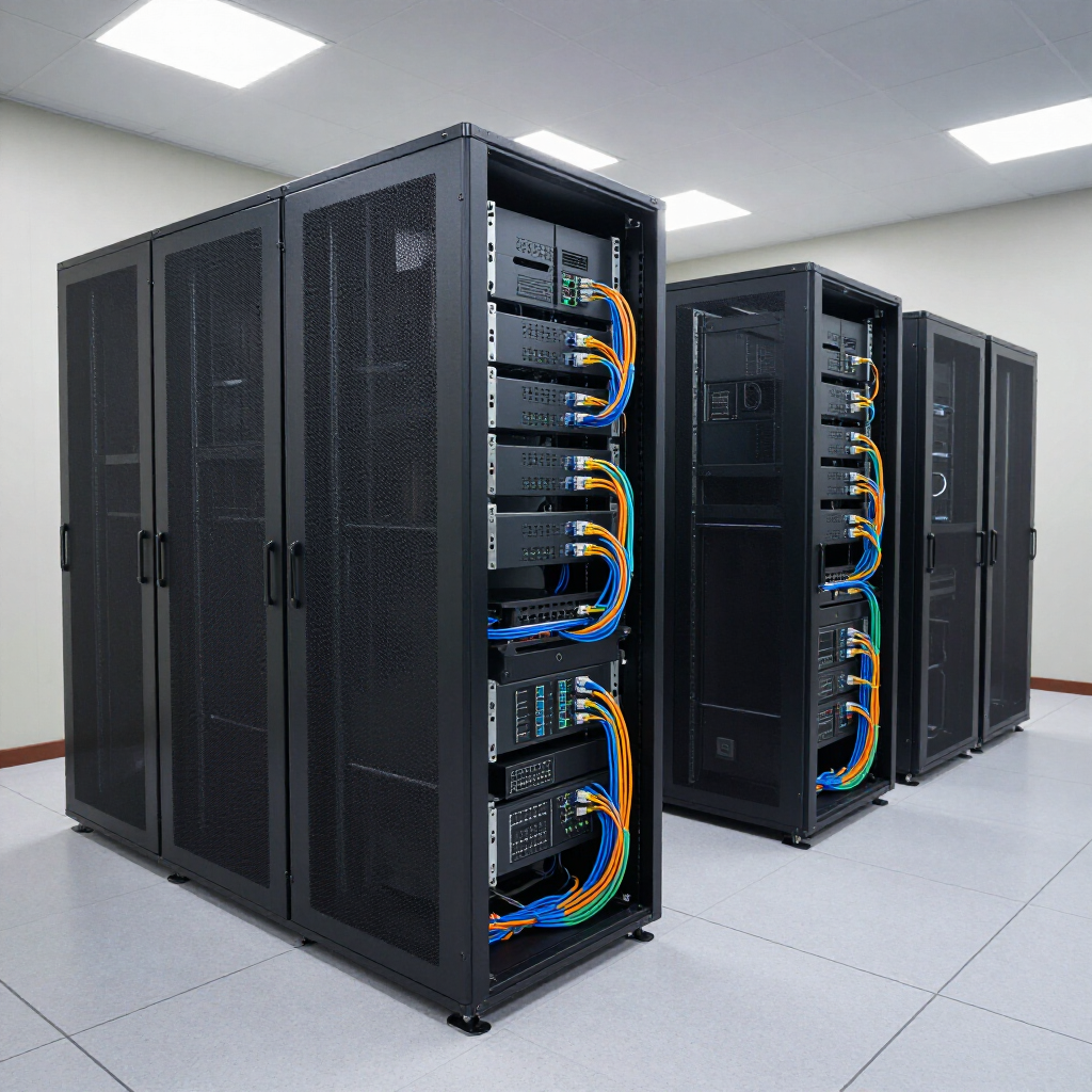 Server room with rows of black server racks connected by blue and yellow cables on a light-colored floor. Server room with rows of black server racks connected by blue and yellow cables on a light-colored floor.