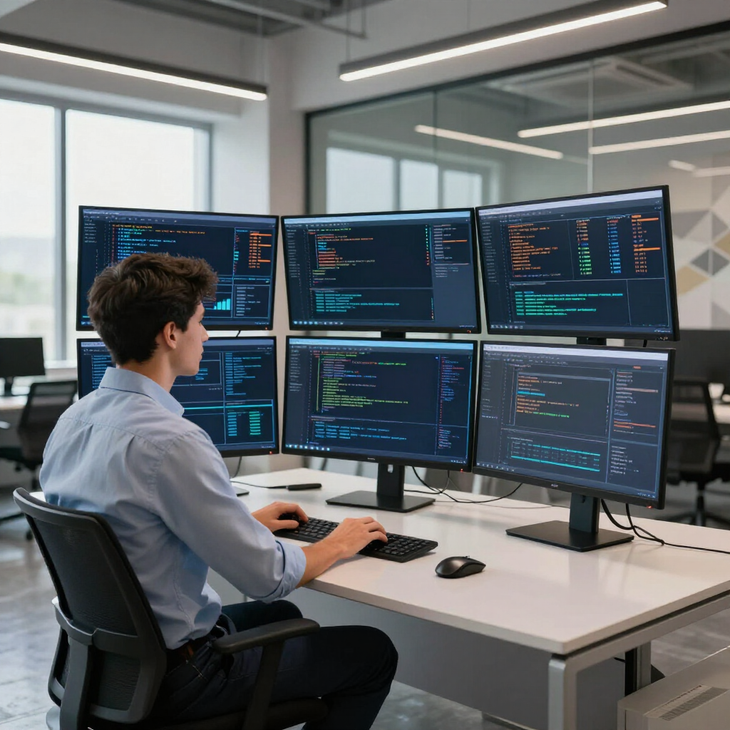 A person sitting at a desk in an office, working on code displayed across five computer monitors. A person sitting at a desk in an office, working on code displayed across five computer monitors.