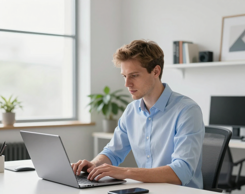 A professional in a blue shirt types on a laptop at a bright, minimalist office desk with a smartphone nearby. A professional in a blue shirt types on a laptop at a bright, minimalist office desk with a smartphone nearby.