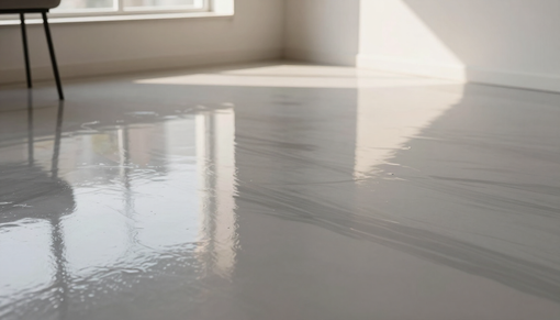 Bright white room with a glossy wet floor reflecting window light and a chair leg.