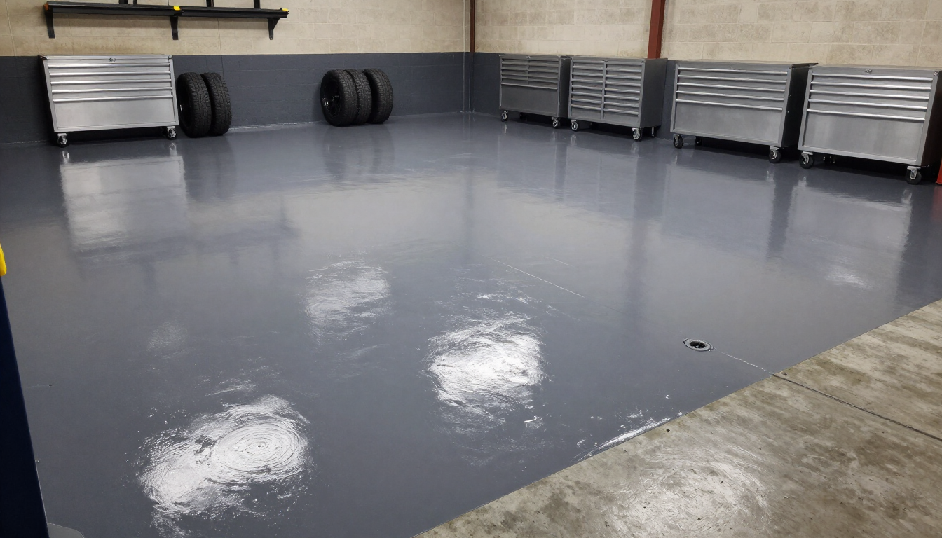 Empty indoor room with gray floor, stacked trays along the walls, and two black exercise balls.