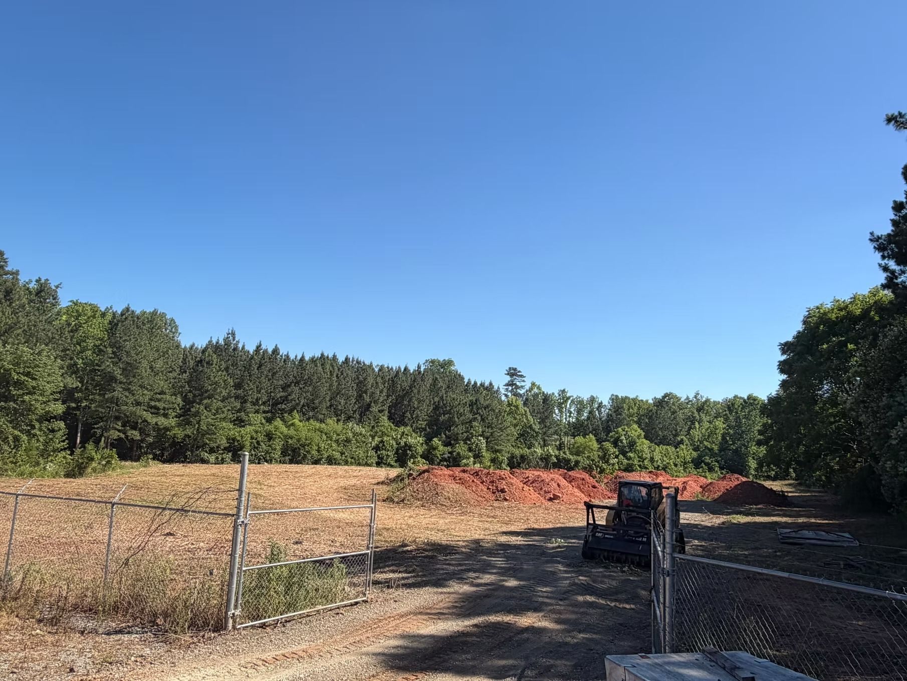 Clear-cut wooded area behind a chain-link fence under a bright blue sky